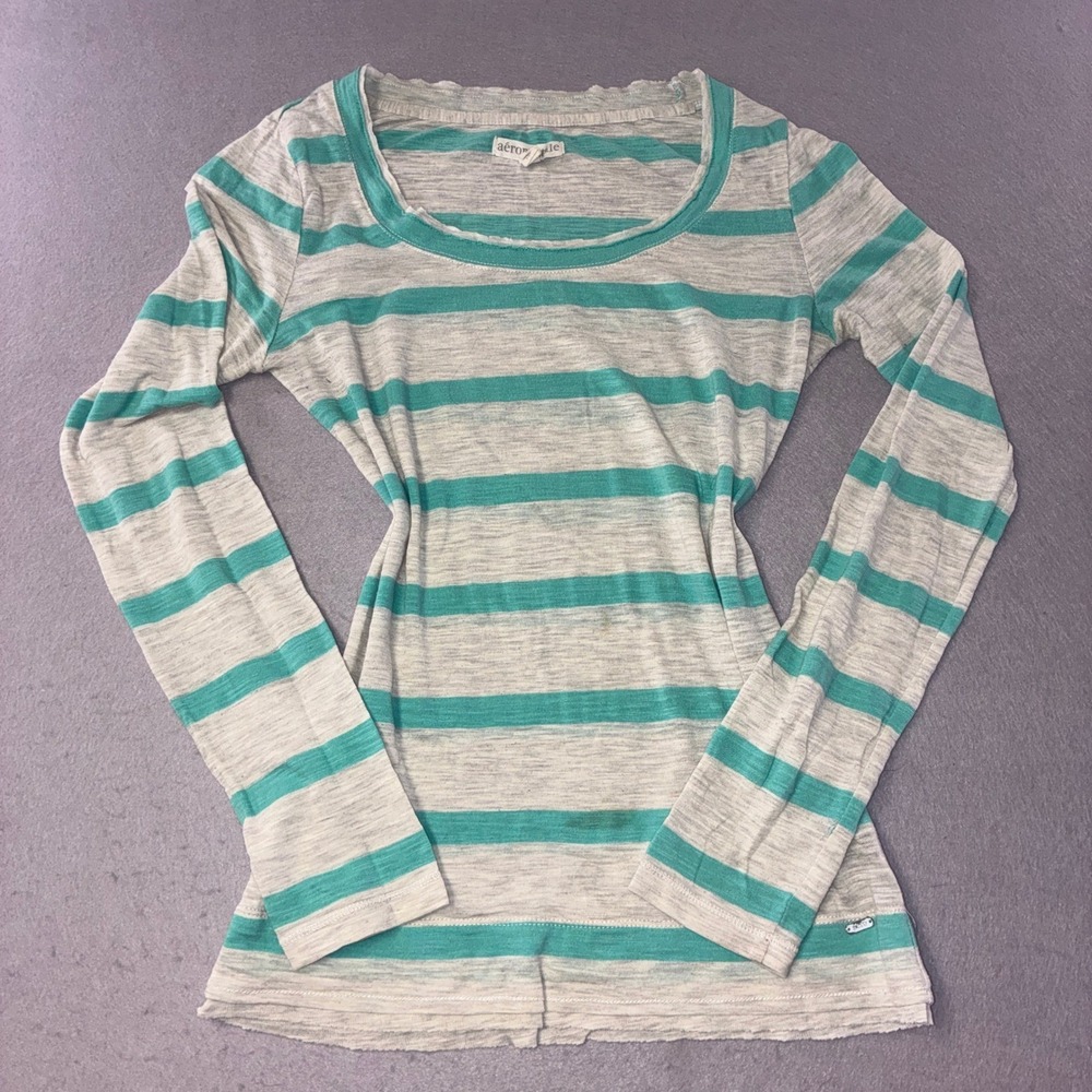 311 Aeropostale Striped Top Womens Medium Teal Long Sleeve Slub Knit Scoop Neck